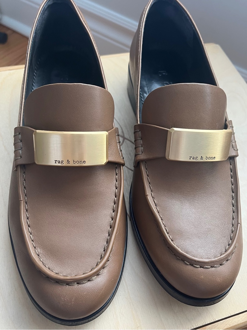 Rag & Bone Canter Brown Leather Loafers with Gold Buckle - Picture 2 of 15